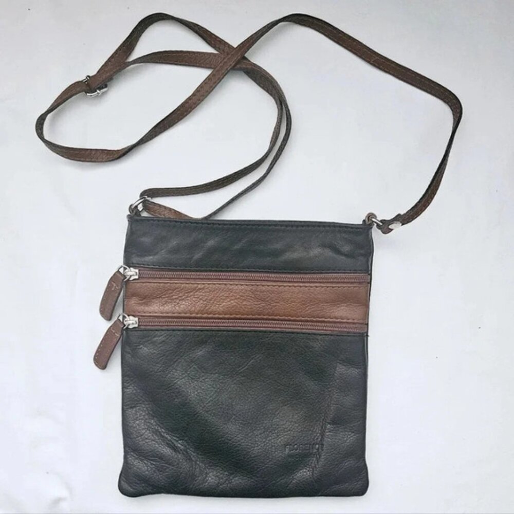 Florence 100% Black & Brown Leather Crossbody Adjustable Strap  Zipper purse